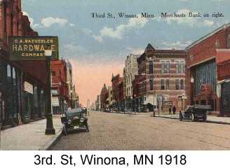 Color postcard photo of 3rd. St, Winona, MN, 1918