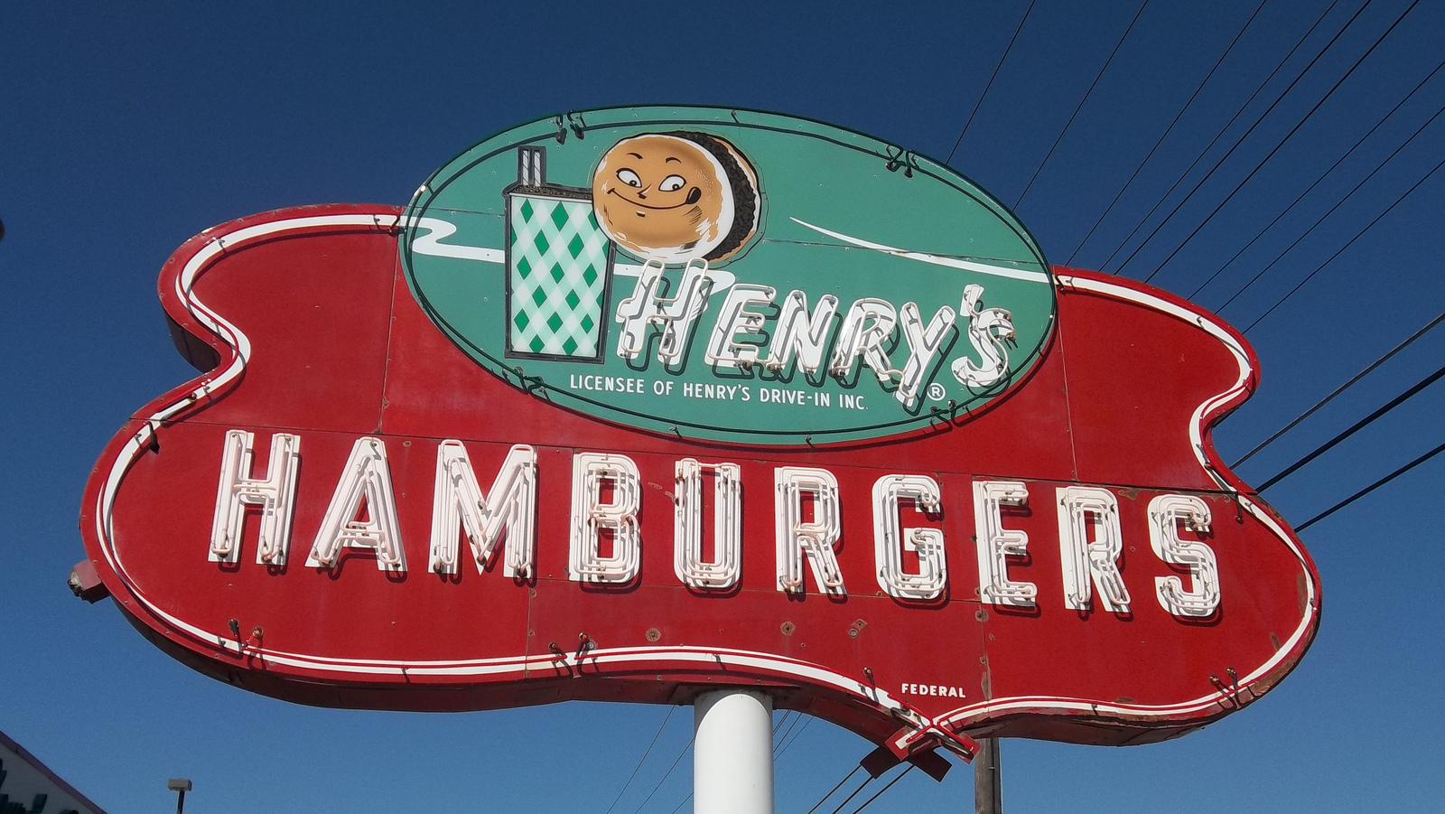 Neon sign for a Henry's Hamburgers restaurant