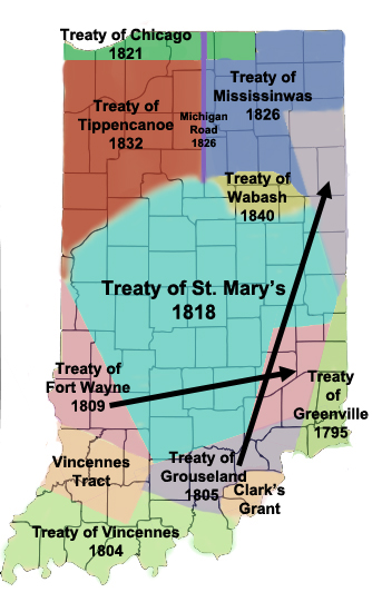 Color map of the state of Indiana, with county boundariea and regions covered by various Native American treaties in different colors.