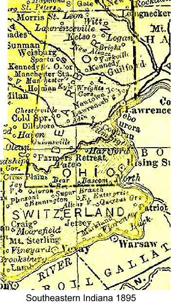 Line drawing map of Dearborn, Ohio, and Switzerland Counties in Indiana from 1895 atlas