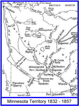 Line drawing map of Minnesota territory from 1832-1857