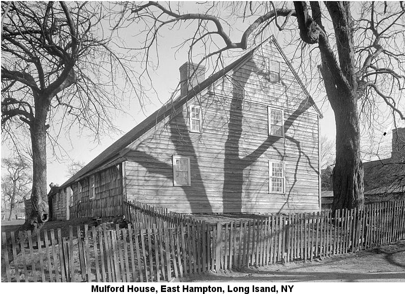 Black and white photo of the Mulford homestead in East Hampton, Long Island, NY