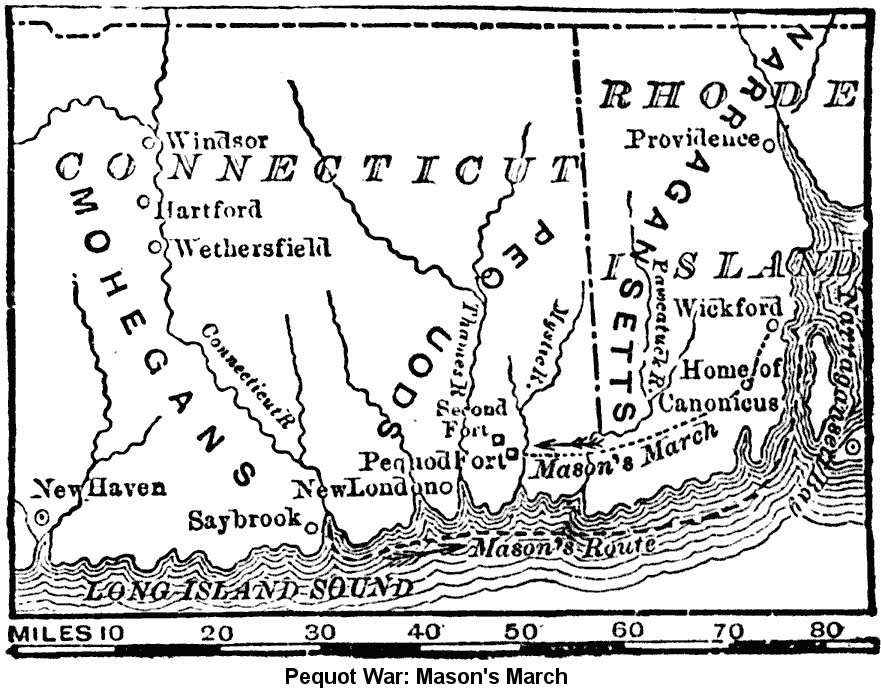 Ancient map of CT and RI showing the line of Mason's march
