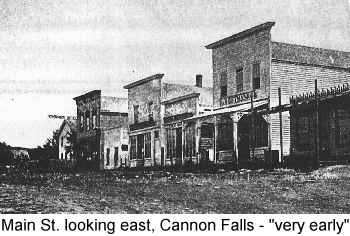 Black and white photgraph of Main St. looking east, Cannon Falls, 'very early'