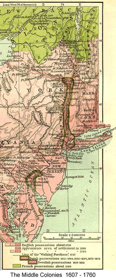 Map of the Middle Colonies, 1607-1760, showing western CT and New York