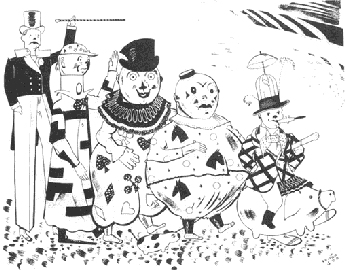 Black & white cartoon of several 19th. century clowns