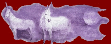 Two unicorns standing in a purple mist next to a purple moon