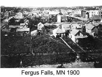 Black and white wide-angle photo of the town of Fergus Falls, MN in 1900