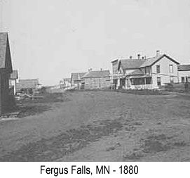 Black and white photo of a street in Fergus Falls, MN in 1880