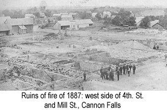 IMAGE/PHOTO: Ruins of fire of 1887: Black and white photo of the west side of 4th. St. and Mill St. after the fire of 1887 in Cannon Falls, showing little more than burned-out cellars, in front of which several men in dark suits are standing