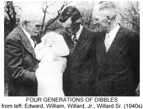 Black and white photograph showing Edward, Willard, Sr., and Willard, Jr. holding baby William Dibble