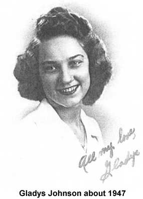 Photocopy of a black and white photo of Gladys Johnson, about 1947, inscribed `All my love, Gladys'