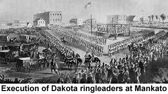 Black and white drawing of a crowded scaffold showing 38 Dakota, surrounded by ranks of soldiers; the execution of Dakota ringleaders at Mankato