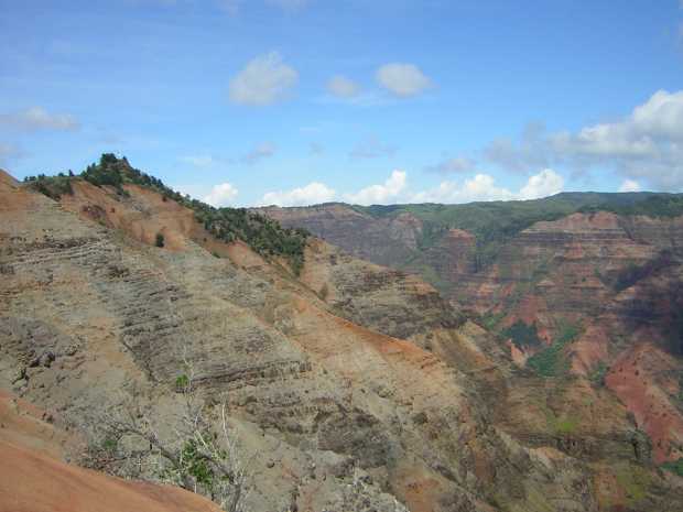 Before a thinly forested red peak, puffy grey hills slope down from the left, then suddenly drop off to a vertial wall; the red layers of the canyon walls stretch out in the distance. Before a thinly forested red peak, puffy grey hills slope down from the left, then suddenly drop off to a vertial wall; the red layers of the canyon walls stretch out in the distance.