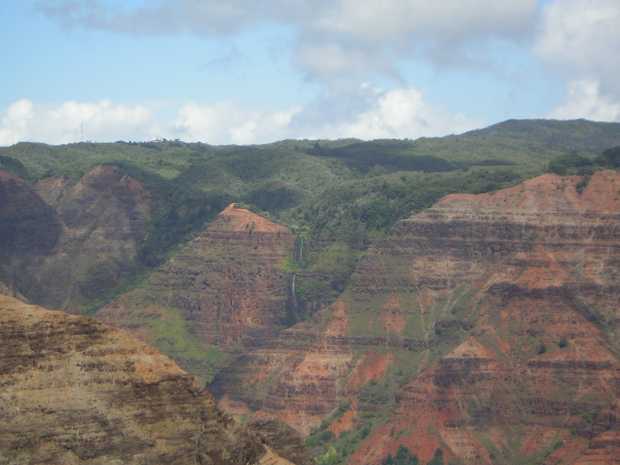 Between two rough triangles of red rock, two distant thin white waterfalls, one just above the other, tumble down amongst dark green foliage. Between two rough triangles of red rock, two distant thin white waterfalls, one just above the other, tumble down amongst dark green foliage.