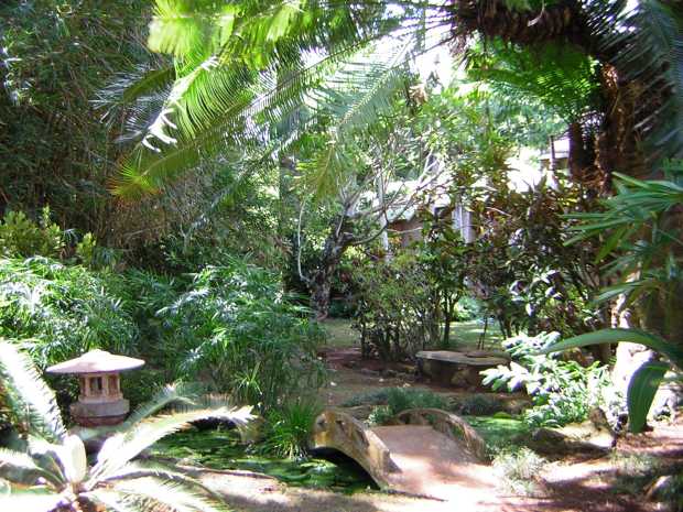 A carved stone arched bridge and small oriental lantern mark the entrance to a Japanese garden lush with green palms and tropical plants. A carved stone arched bridge and small oriental lantern mark the entrance to a Japanese garden lush with green palms and tropical plants.