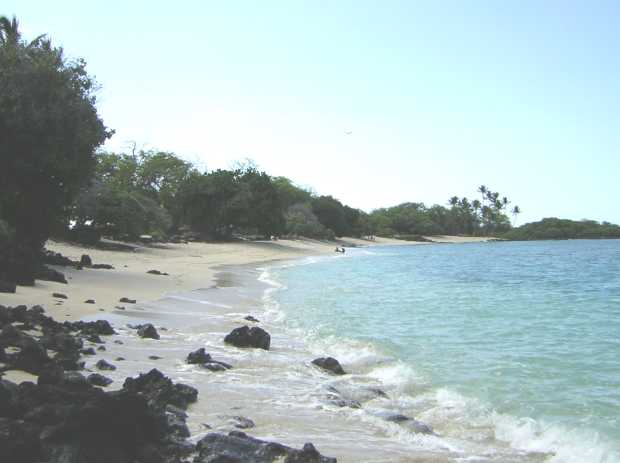 From jumbled sharp black rocks strewn on the water-washed sand in the foreground, the white-sand beach stretches away in a gentle curve with dense vegetation on the left and pale blue ocean on the right. From jumbled sharp black rocks strewn on the water-washed sand in the foreground, the white-sand beach stretches away in a gentle curve with dense vegetation on the left and pale blue ocean on the right.