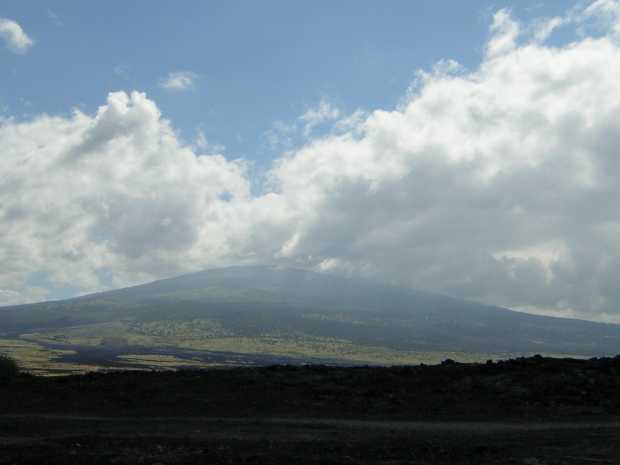 A distant, massively broad mountain rises from the prairie, its flank changing from tan desert to dark-green forest to a shadowed gray-blue bulk whose summit is hidden by cottony clouds. A distant, massively broad mountain rises from the prairie, its flank changing from tan desert to dark-green forest to a shadowed gray-blue bulk whose summit is hidden by cottony clouds.