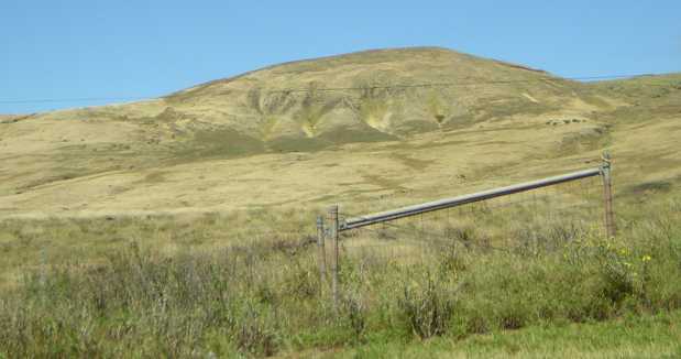 Behind a metal gate and barbed-wire fence, dry grass resembling light-tan velvet covers uneven prairie leading to a low hill whose flank is split by several deep vertical gullies. Behind a metal gate and barbed-wire fence, dry grass resembling light-tan velvet covers uneven prairie leading to a low hill whose flank is split by several deep vertical gullies.