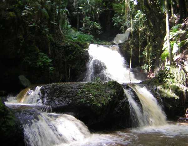 White torrents of water tumble down over moss-covered black volcanic rock in multiple zig-zag steps from a distant height into a nearby brown pool. White torrents of water tumble down over moss-covered black volcanic rock in multiple zig-zag steps from a distant height into a nearby brown pool.