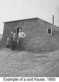 Example of a sod house: Black and white photograph of a family standing in front of a sod house in 1880