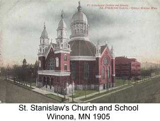 Color postcard painting of St. Stanislaw's church and school, from 1905