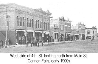 Black and white photograph of the west side of 4th. St., Cannon Falls, looking north from Main St., in the early 1900s