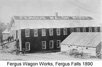 Black and white photograph of the Fergus Wagon Works, Fergus Falls, MN, 1890