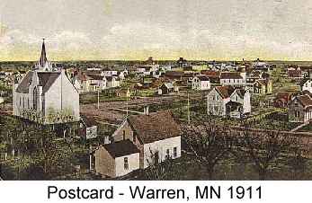 Color postcard painting of the town of Warren, MN in 1911