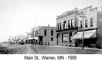 Black and white photo of Main St., Warren, MN, in 1909