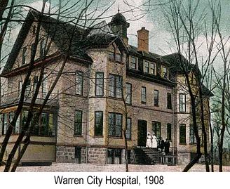 Color postcard photograph of the Warren City Hospital in 1908, with some nurses in white uniforms standing near the door