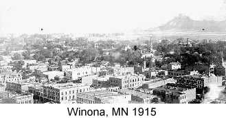 Black & white photo of Winona, MN, taken from a high vantage point in 1915